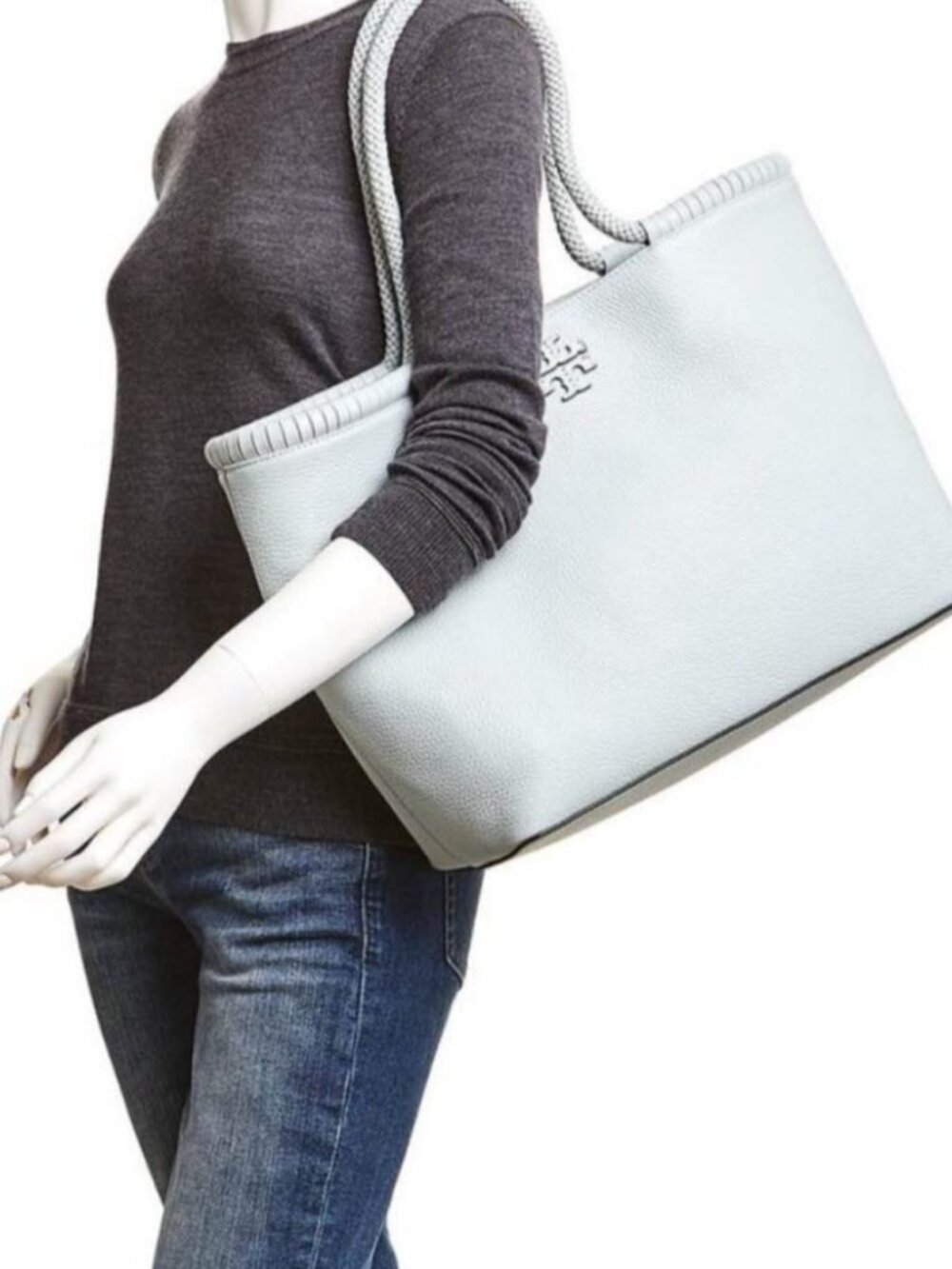 Tory Burch Taylor Large Tote Seltzer Blue Leather Bag Travel - Picture 8 of 15